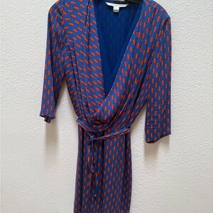 Diane Von Furstenberg Blue and Orange Sheath Wrap Dress